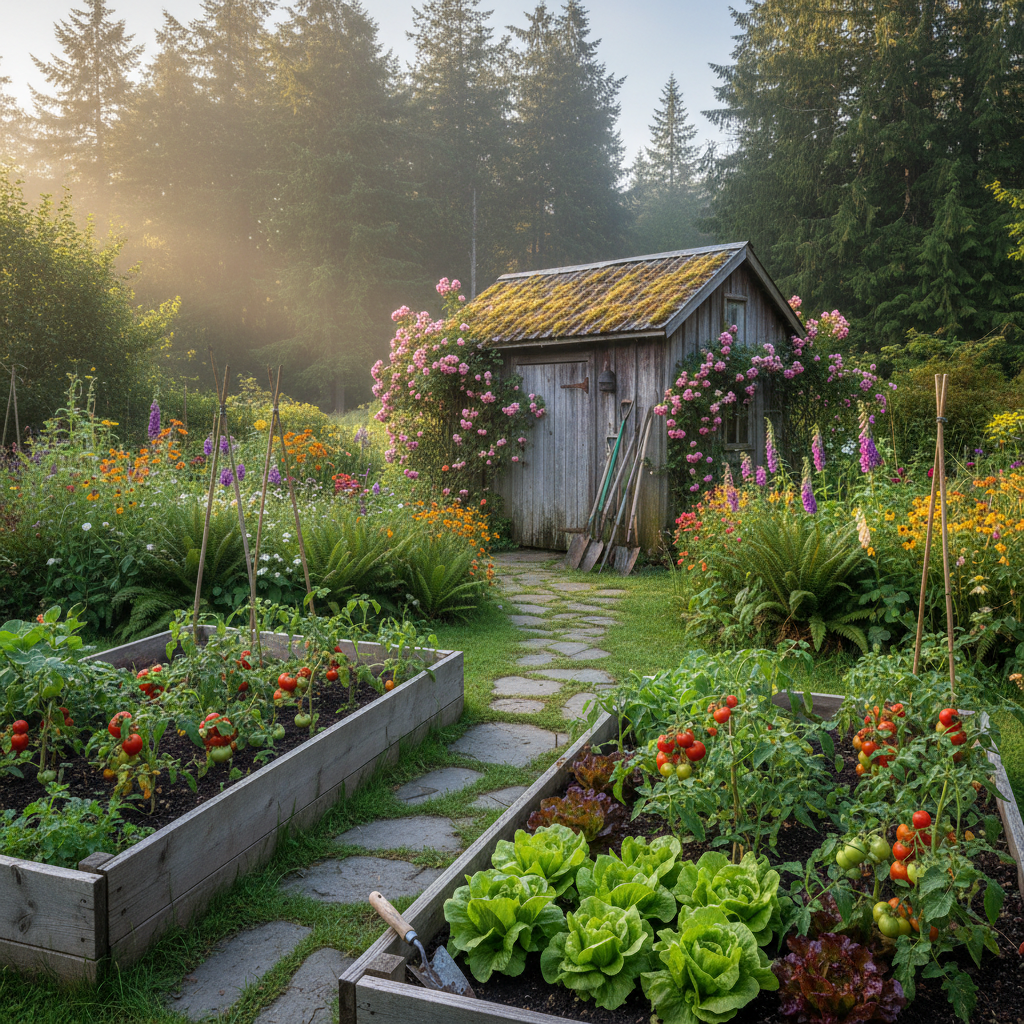 Home A lush Pacific Northwest garden with raised beds and native ferns